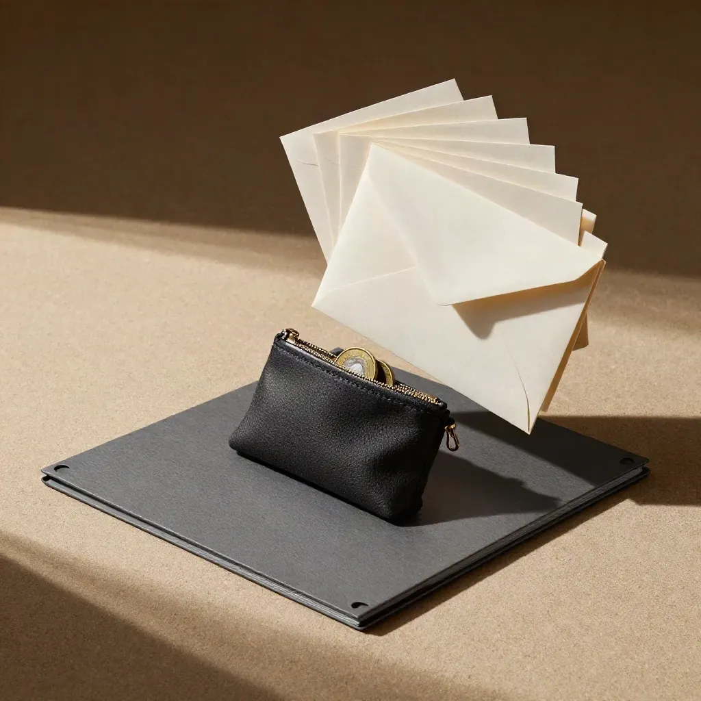 Budget kit flatlay with folder, coin pouch and envelope stack on sand