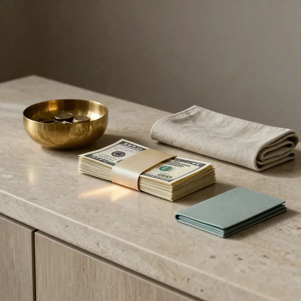 Financial bundle, brass bowl, linen sleeve and tray on limestone in dramatic studio light