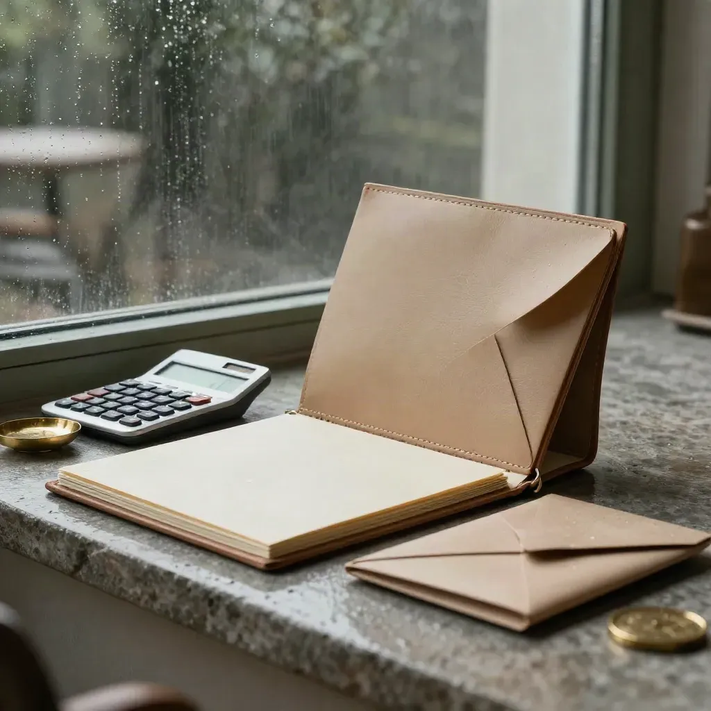 Macro finance starter folio with calculator, coin tray and envelope sleeves on a wet stone sill.