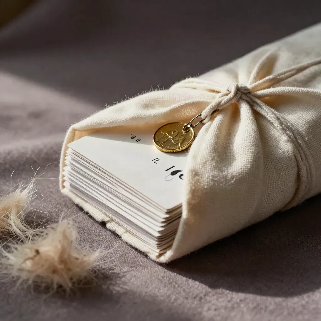Cream linen savings bundle with brass token nestled in soft wool folds, top-down.