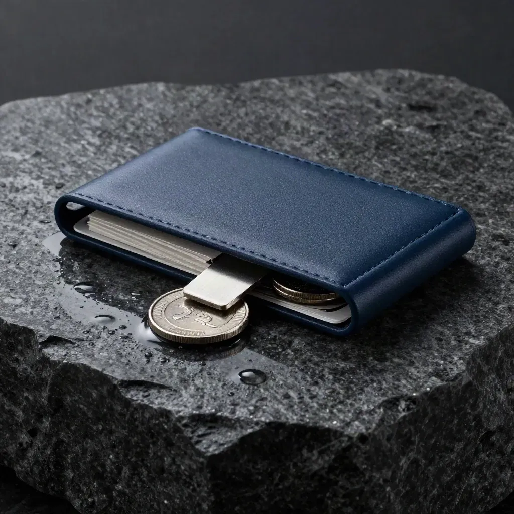 Wet stone close-up of a navy folio, split coin dish, and brushed metal slips with water beads