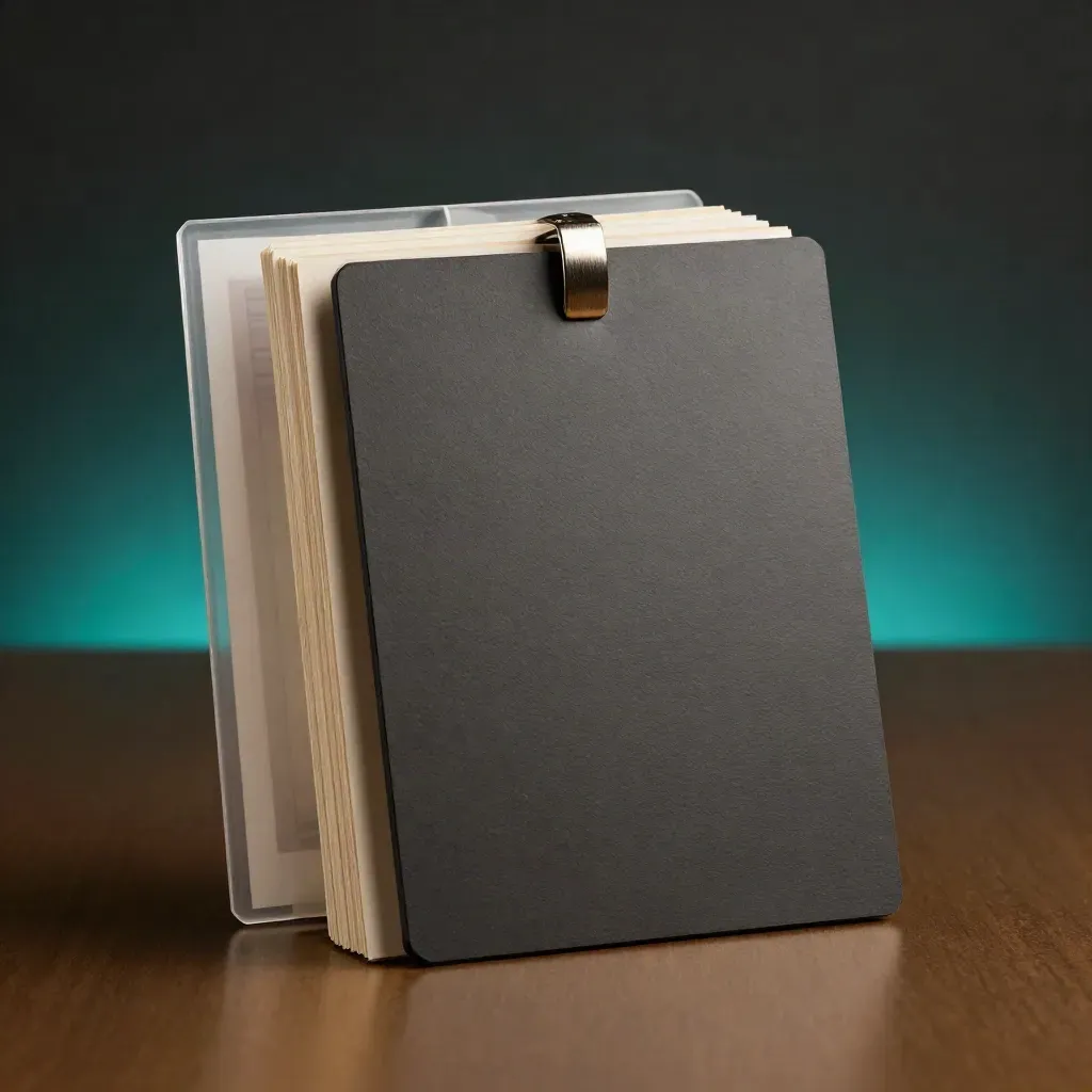 Upright loan compare pack with layered dividers on a dark studio surface, lit dramatically.
