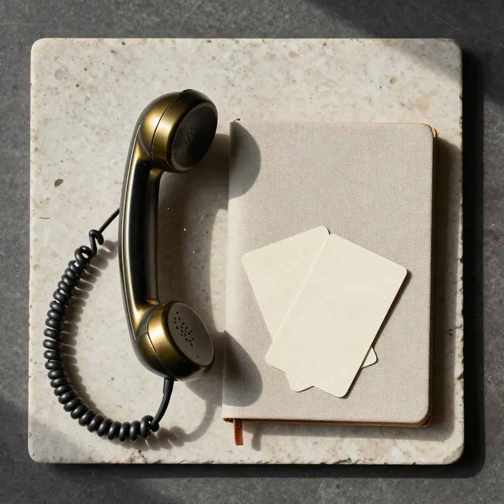 Overhead flatlay of retro handset, closed notebook and appointment cards on travertine stone.