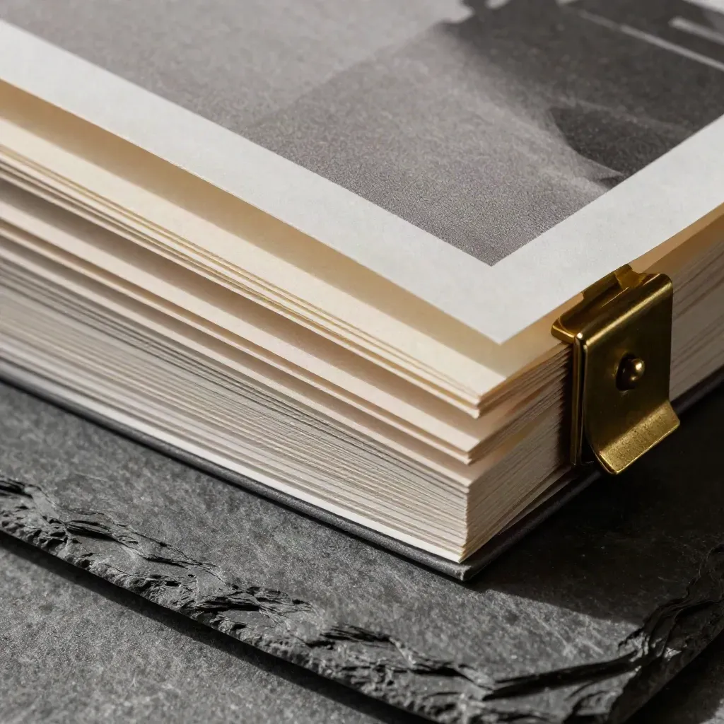Macro of an open finance folio with frosted dividers and brass clip on slate.