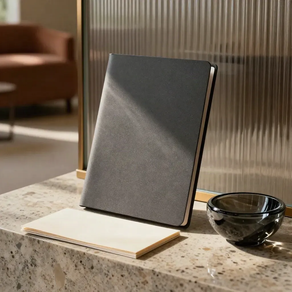 Starter investment kit with folio, glass token and stone bowl on travertine