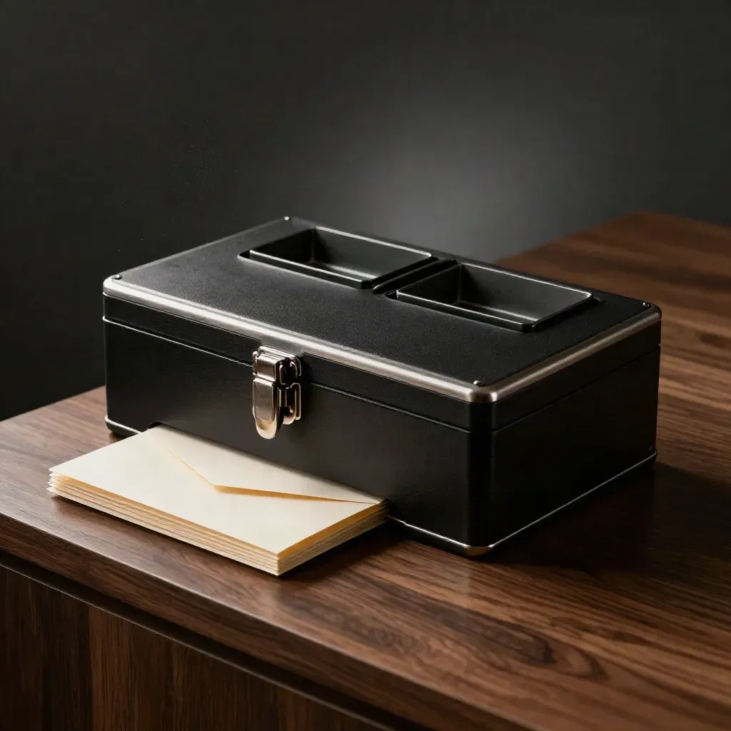 Business cash kit with lockbox, coin trays, and envelope stack on a walnut plinth.