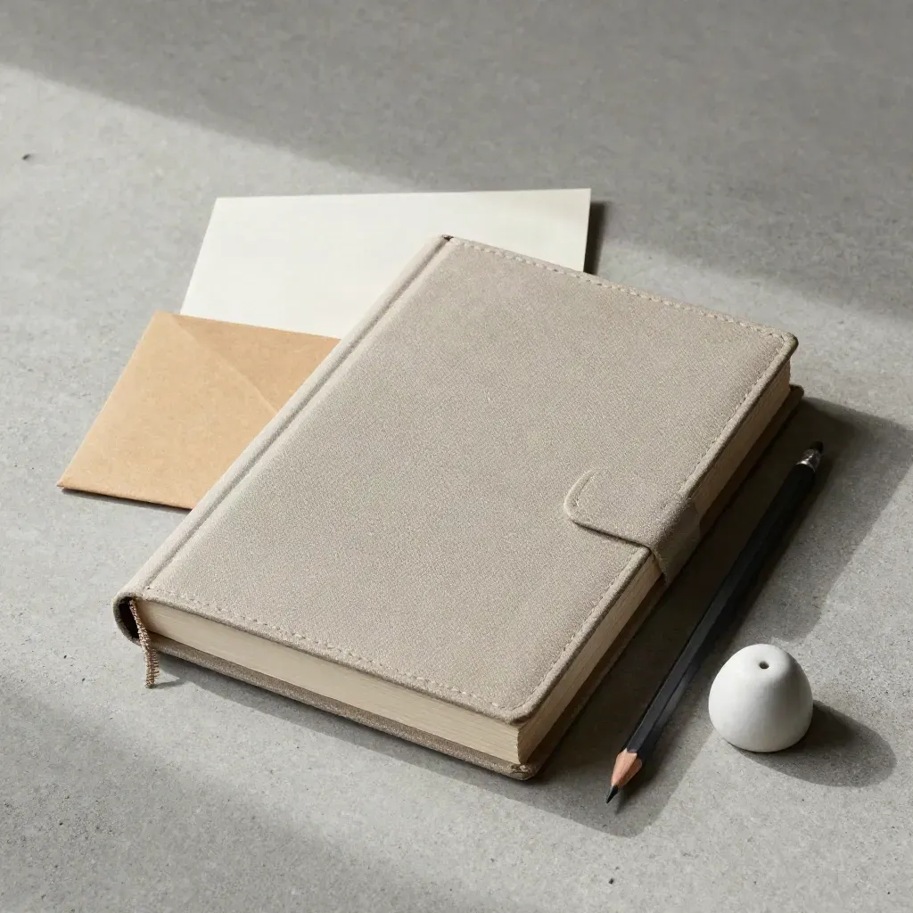Overhead flatlay of a budget book with pencil, cash sleeve and ceramic weight on pale stone.