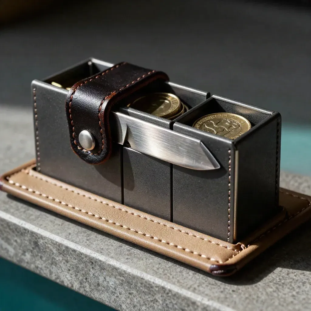 Macro of a leather and brushed-metal cash flow case with coin compartments opening on a stone ledge.