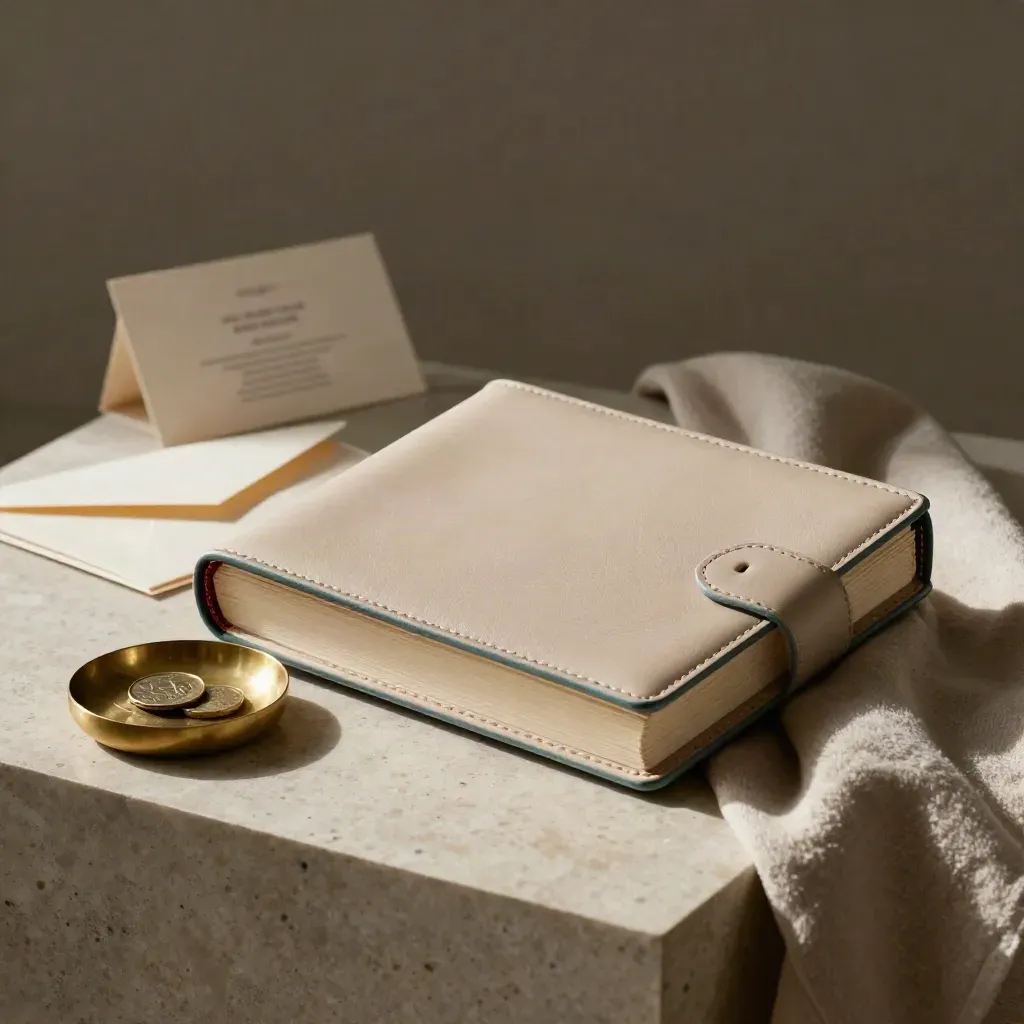 ISA top-up folio with envelopes, coin dish and wool cloth in soft window light.