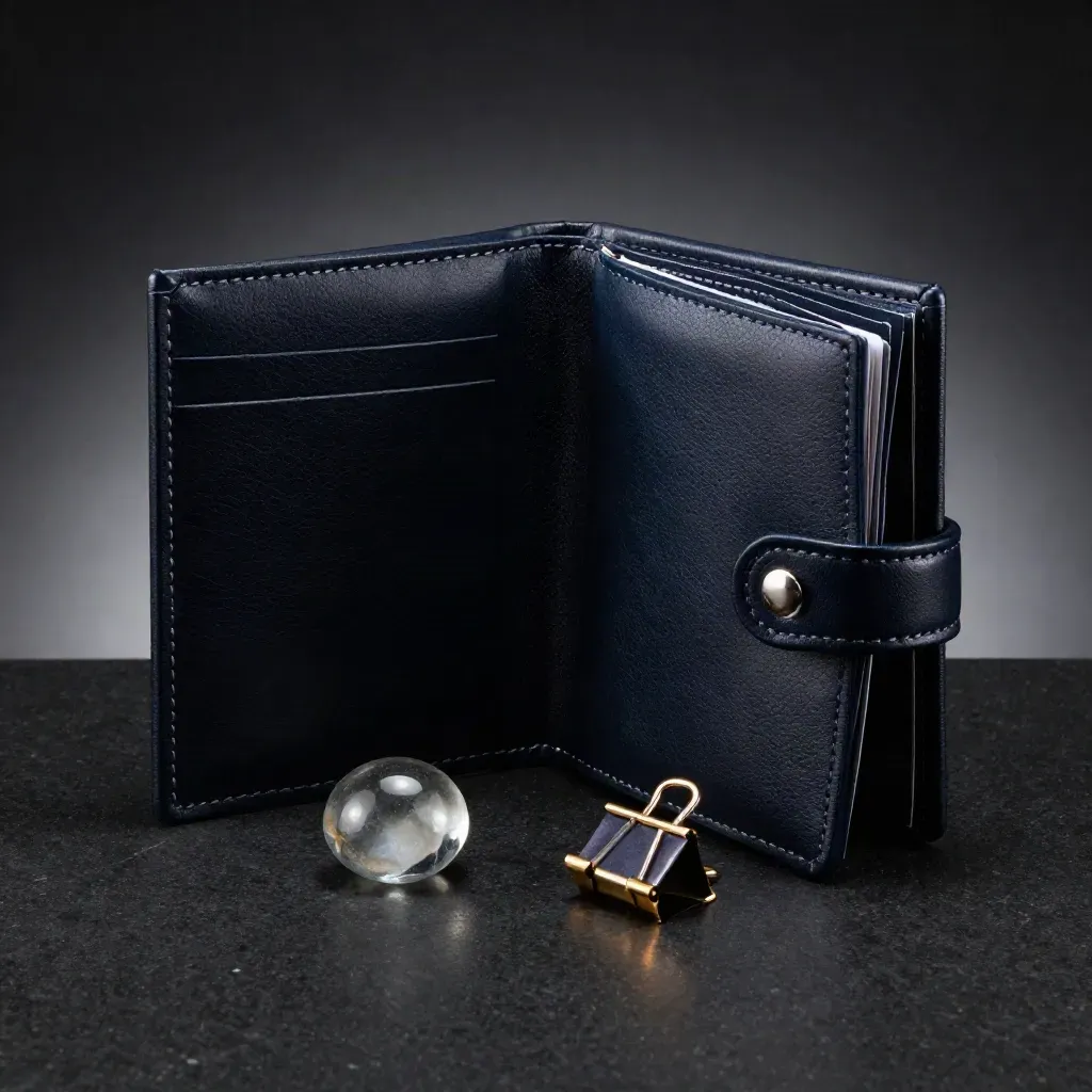 Dark loan-rate watch folio with glass pebble and metal clip on matte-black stone
