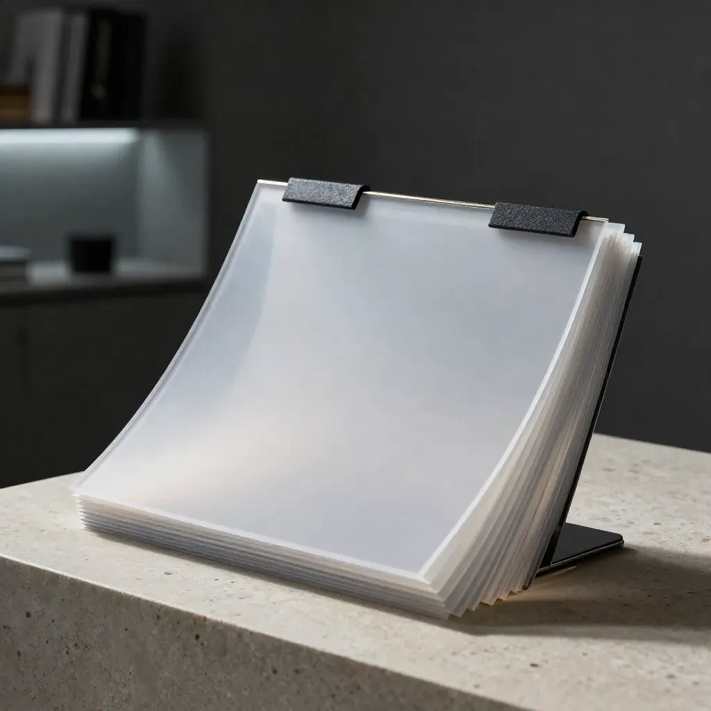 Translucent fee compare sheets fanned on limestone with brushed metal edge and slate tabs.
