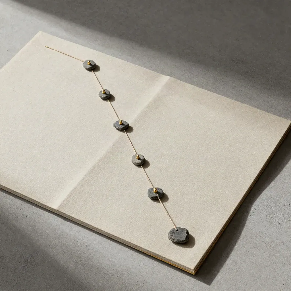 Overhead finance flatlay with linen string path, slate markers, and folded board on concrete.