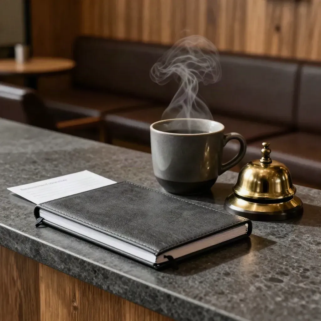 Steam rises over a finance consultation kit with a bell, cup, notebook and card.