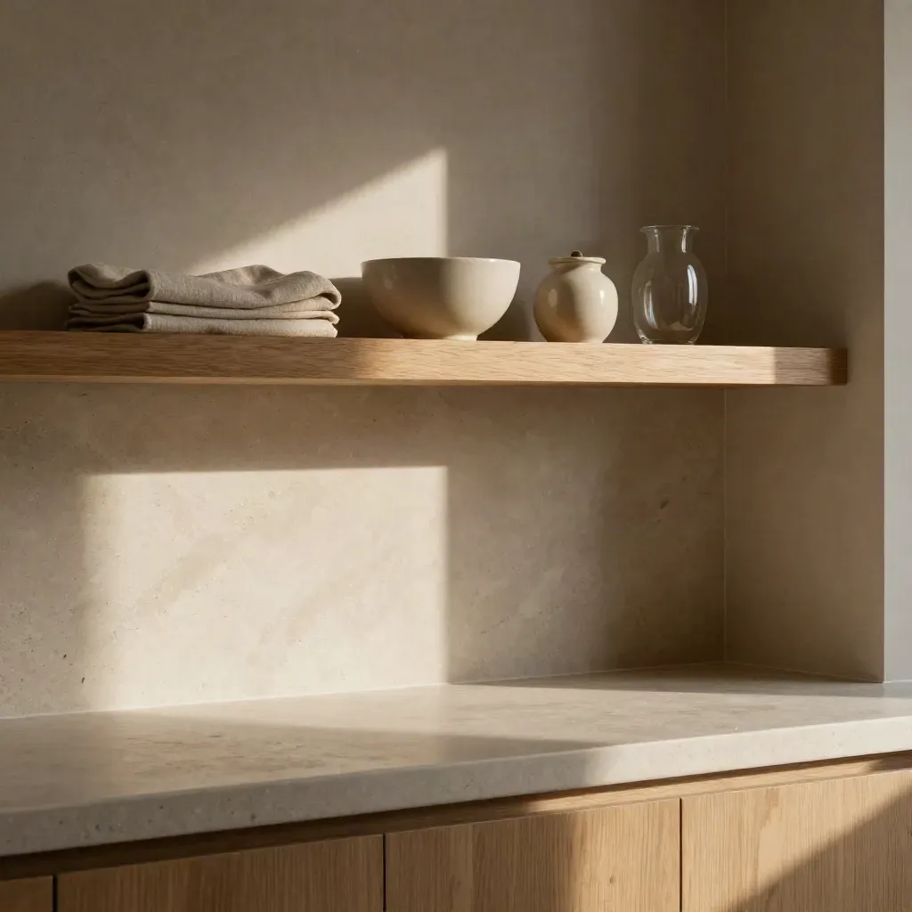 Sunlit limestone niche with oak shelf, linen, ceramic bowl and savings jar above calm counter.