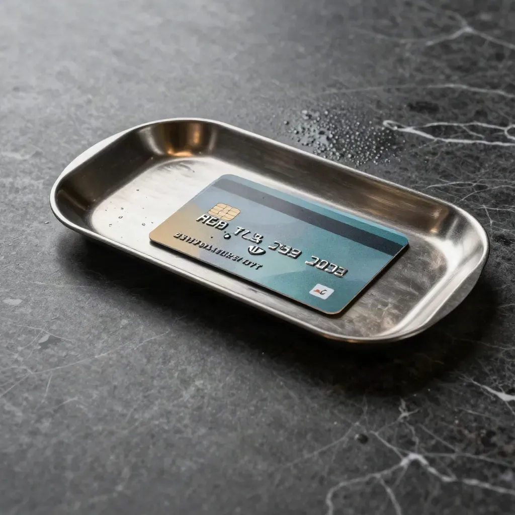 Rain-darkened marble with a metal tray, bank cards and a chip reader under cool city reflections.