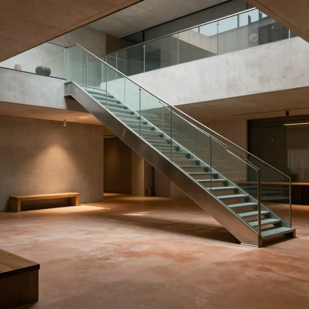 Sunlit glass atrium stair in a calm concrete interior with open copy space below.