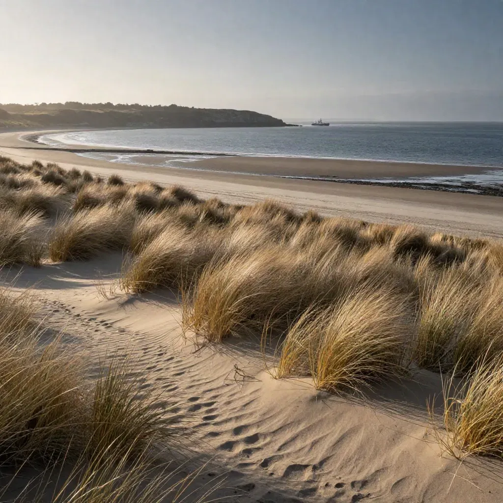 Windy dune ridge above a misty estuary at sunrise, with grasses and a distant ferry line.